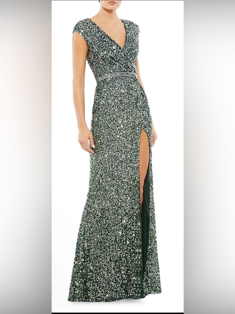 NWT Mac Duggal 5489 Emerald Sequin Gown SZ 2 Cap Sleeve High Slit Formal Dress
